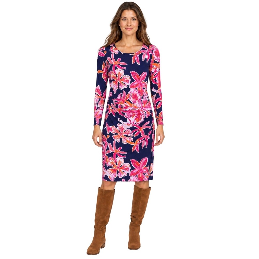 Lilly Pulitzer Navy Pink Floral Ruched Long Sleeve Sheath Dress Size Small S